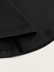 Liamashurst Graphic Print Contrast Mesh Ruched Sleeve Crop Top - Black - View 3