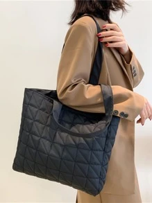 絎縫圖案單肩托特包 - 黑色 - 查看 1