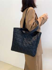 絎縫圖案單肩托特包 - 黑色 - 查看 2