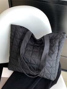 絎縫圖案單肩托特包 - 黑色 - 查看 6