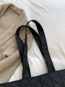 絎縫圖案單肩托特包 - 黑色 - 查看 7