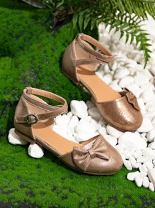 Girls Metallic Bow Decor Ankle Strap Flats - Gold - View 2
