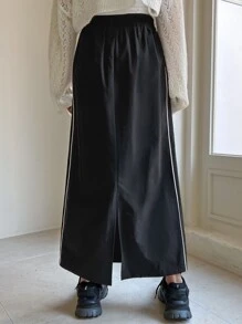 DAZY Contrast Piping Elastic Waist Split Hem Skirt - Black - View 2