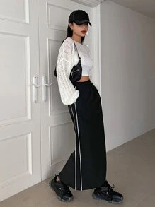 DAZY Contrast Piping Elastic Waist Split Hem Skirt - Black - View 3