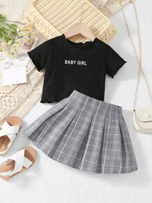 嬰兒字母圖案T恤和格紋百褶半身裙 - 黑與白 - 查看 1