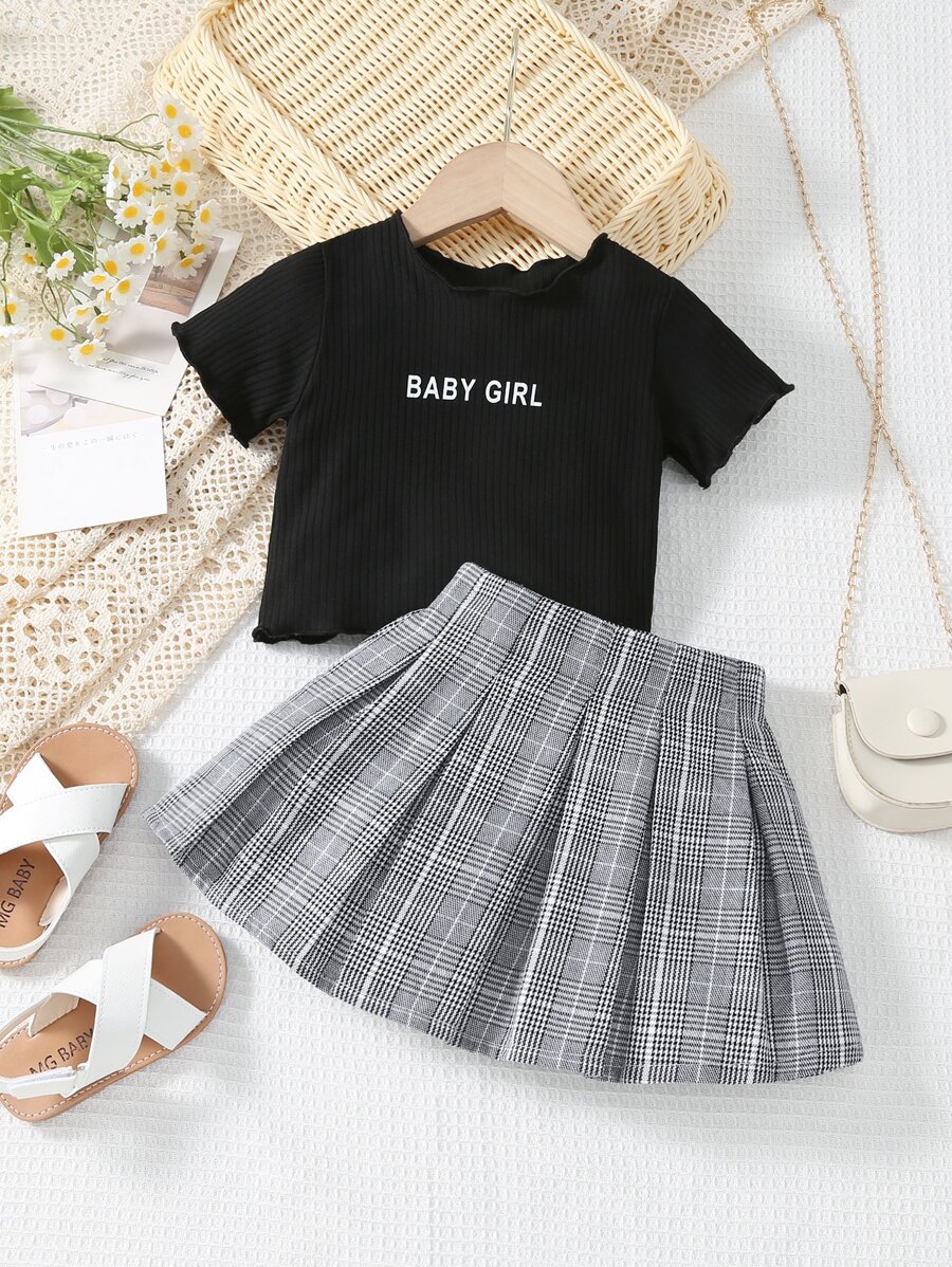 嬰兒字母圖案T恤和格紋百褶半身裙 - 黑與白 - 查看 1