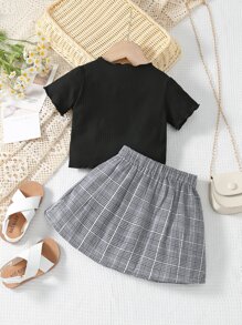 嬰兒字母圖案T恤和格紋百褶半身裙 - 黑與白 - 查看 2