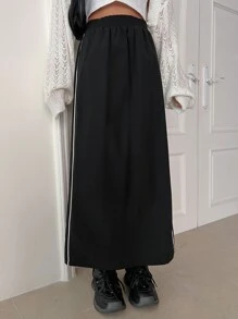 DAZY Contrast Piping Elastic Waist Split Hem Skirt - Black - View 4