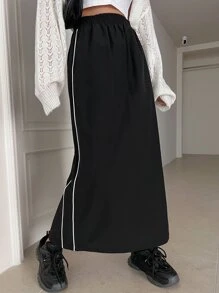 DAZY Contrast Piping Elastic Waist Split Hem Skirt - Black - View 5