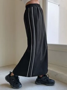 DAZY Contrast Piping Elastic Waist Split Hem Skirt - Black - View 6