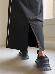 DAZY Contrast Piping Elastic Waist Split Hem Skirt - Black - View 7