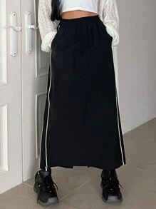 DAZY Contrast Piping Elastic Waist Split Hem Skirt - Black - View 8