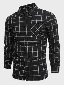Manfinity Men Grid Print Pocket Patched Shirt - Black - View 1