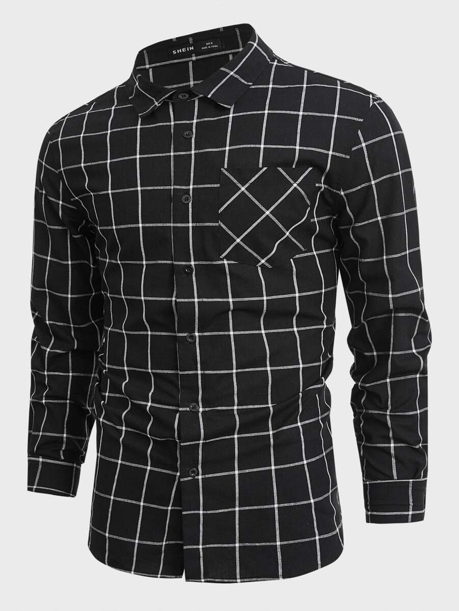 Manfinity Men Grid Print Pocket Patched Shirt - Black - View 1