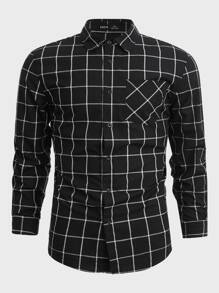 Manfinity Men Grid Print Pocket Patched Shirt - Black - View 3