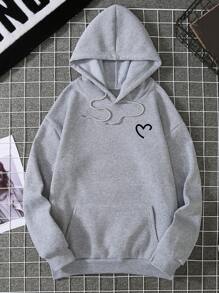 SHEIN EZwear Heart Print Kangaroo Pocket Drawstring Thermal Hoodie - Grey - View 1