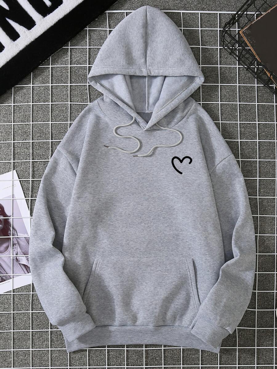 SHEIN EZwear Heart Print Kangaroo Pocket Drawstring Thermal Hoodie - Grey - View 1