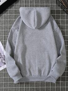 SHEIN EZwear Heart Print Kangaroo Pocket Drawstring Thermal Hoodie - Grey - View 2