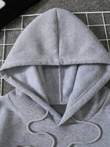 SHEIN EZwear Heart Print Kangaroo Pocket Drawstring Thermal Hoodie - Grey - View 6