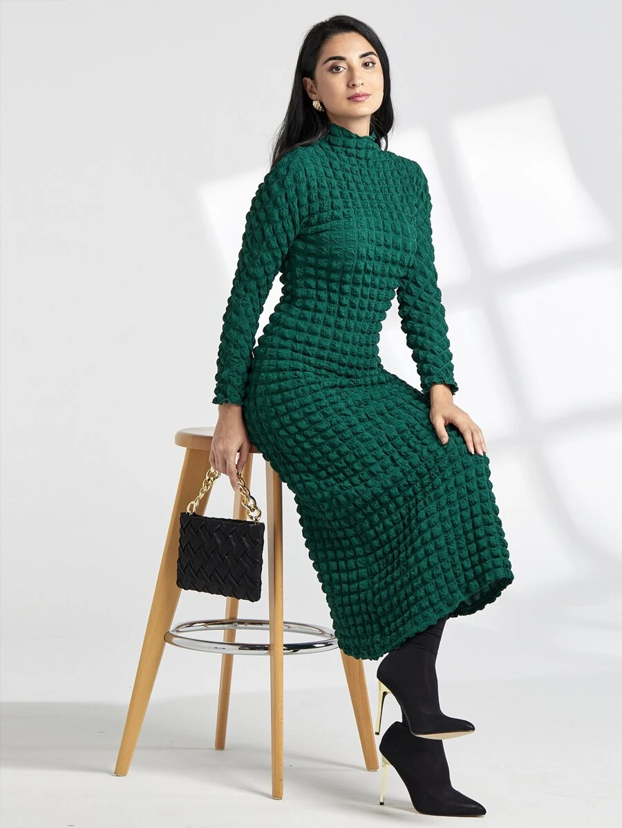 Modelyn Vestido con textura de cuello alto - Verde Oscuro - Ver 1