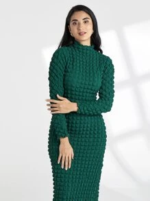 Modelyn Vestido con textura de cuello alto - Verde Oscuro - Ver 4