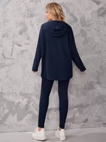 SHEIN Essnce Bộ áo trùm đầu có gân trễ vai và quần bó - Màu xanh hải quân - Xem 2