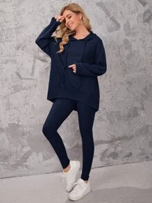 SHEIN Essnce Bộ áo trùm đầu có gân trễ vai và quần bó - Màu xanh hải quân - Xem 3