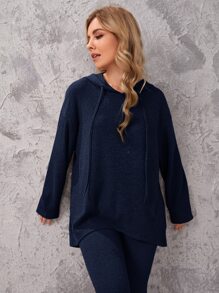 SHEIN Essnce Bộ áo trùm đầu có gân trễ vai và quần bó - Màu xanh hải quân - Xem 4