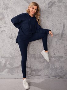 SHEIN Essnce Bộ áo trùm đầu có gân trễ vai và quần bó - Màu xanh hải quân - Xem 5