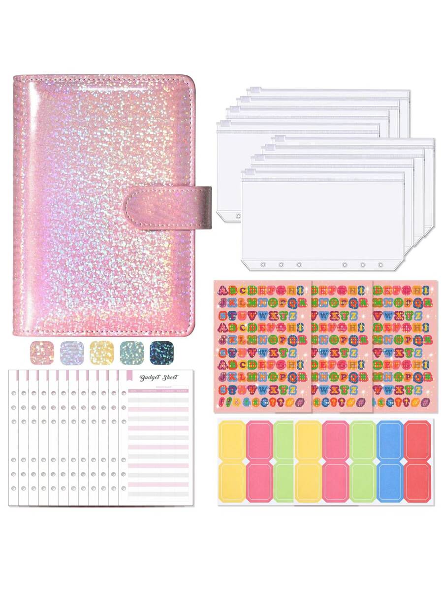 1set Glitter Binder Cover With Binder Pocket & Sticker - Pink - View 1