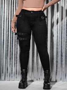 SHEIN PETITE CURVE Plus Size Women's Buckle Decor Black Denim Elastic Pants - Black - View 6