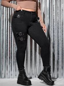 SHEIN PETITE CURVE Plus Size Women's Buckle Decor Black Denim Elastic Pants - Black - View 5