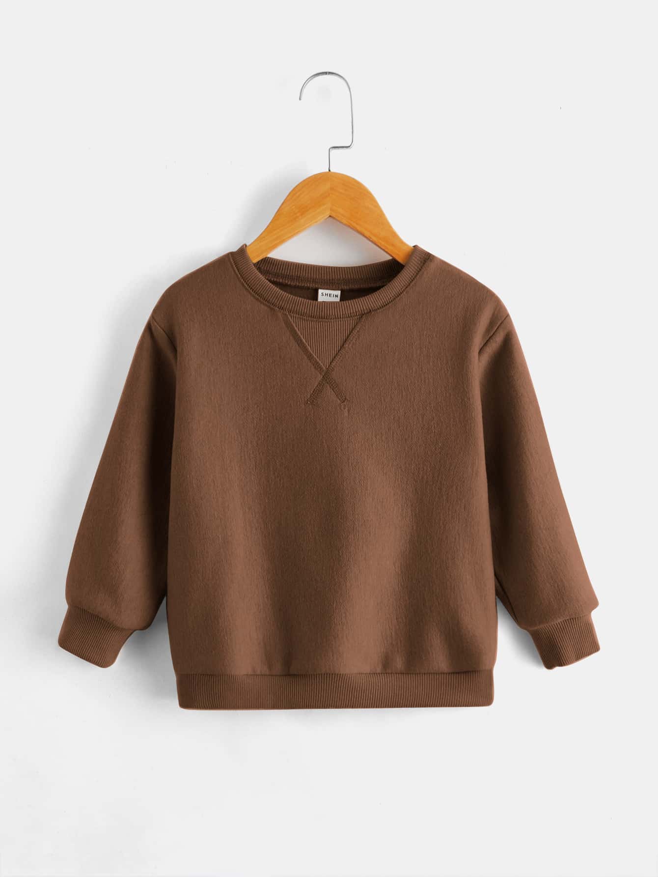 SHEIN Young Boy Cotton Solid Drop Shoulder Thermal Sweatshirt - Coffee Brown - View 1