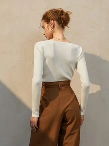 Cold Shoulder Rib-knit Slim Fit Sweater - White - View 2