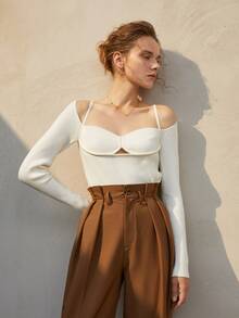 Cold Shoulder Rib-knit Slim Fit Sweater - White - View 3