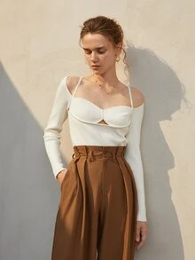 Cold Shoulder Rib-knit Slim Fit Sweater - White - View 5