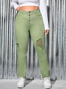 SHEIN Plus High Waist Ripped Raw Hem Button Fly Jeans - Lime Green - View 1