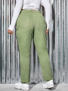 SHEIN Plus High Waist Ripped Raw Hem Button Fly Jeans - Lime Green - View 2