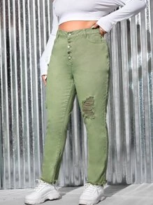 SHEIN Plus High Waist Ripped Raw Hem Button Fly Jeans - Lime Green - View 3