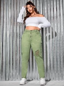SHEIN Plus High Waist Ripped Raw Hem Button Fly Jeans - Lime Green - View 4