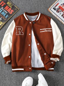 Boys Letter Graphic Striped Trim Varsity Jacket Without Tee - Rust Brown - View 1