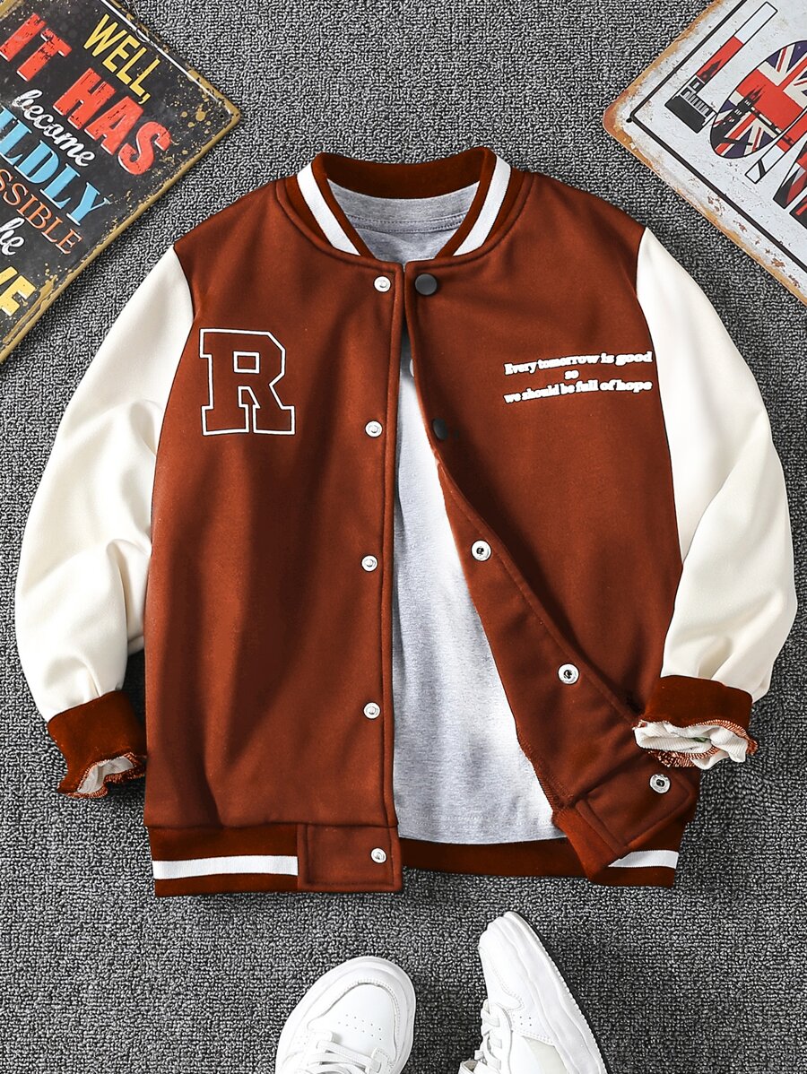 Boys Letter Graphic Striped Trim Varsity Jacket Without Tee - Rust Brown - View 1