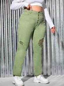 SHEIN Plus High Waist Ripped Raw Hem Button Fly Jeans - Lime Green - View 5
