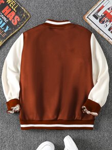 Boys Letter Graphic Striped Trim Varsity Jacket Without Tee - Rust Brown - View 2
