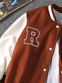Boys Letter Graphic Striped Trim Varsity Jacket Without Tee - Rust Brown - View 3