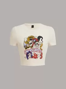 Zhihan Wang Artist Letter & Figure Graphic Crop Tee, Festival - Beige - View 1