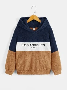 SHEIN Boys Letter Embroidery Colourblock Teddy Hoodie - Multicolor - View 1