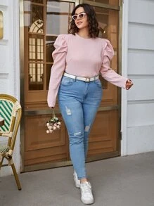 SHEIN Unity Plus Gigot Sleeve Solid Top - Baby Pink - View 5