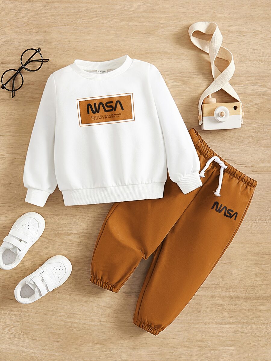 SHEIN 男嬰字母圖案套頭衫和腰部抽繩長褲