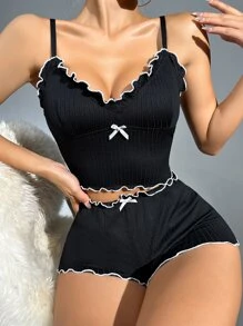 ZzzCrew Conjunto de pijama / Conjunto de salón con lazo y ribete de lechuga